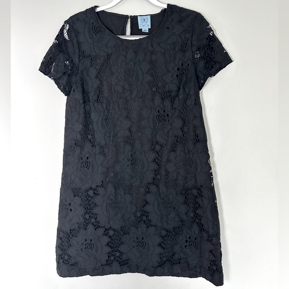 CeCe Black Lace Shift Dress 12 Short Sleeve Floral Classic LBD Romantic A173 - Picture 1 of 5